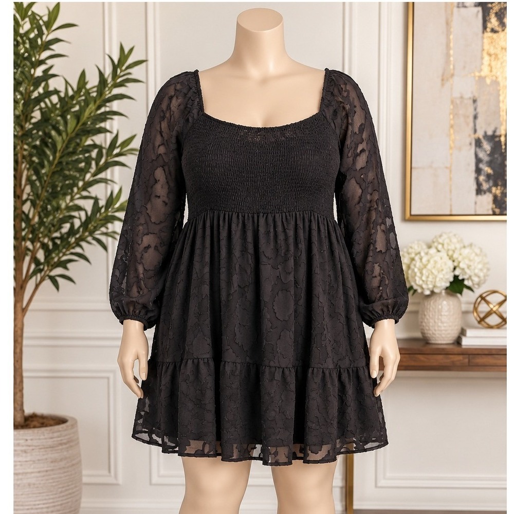 Rue21 Womens Dress Black Floral Burnout Smocked Puff Sleeve Tiered Size 3X